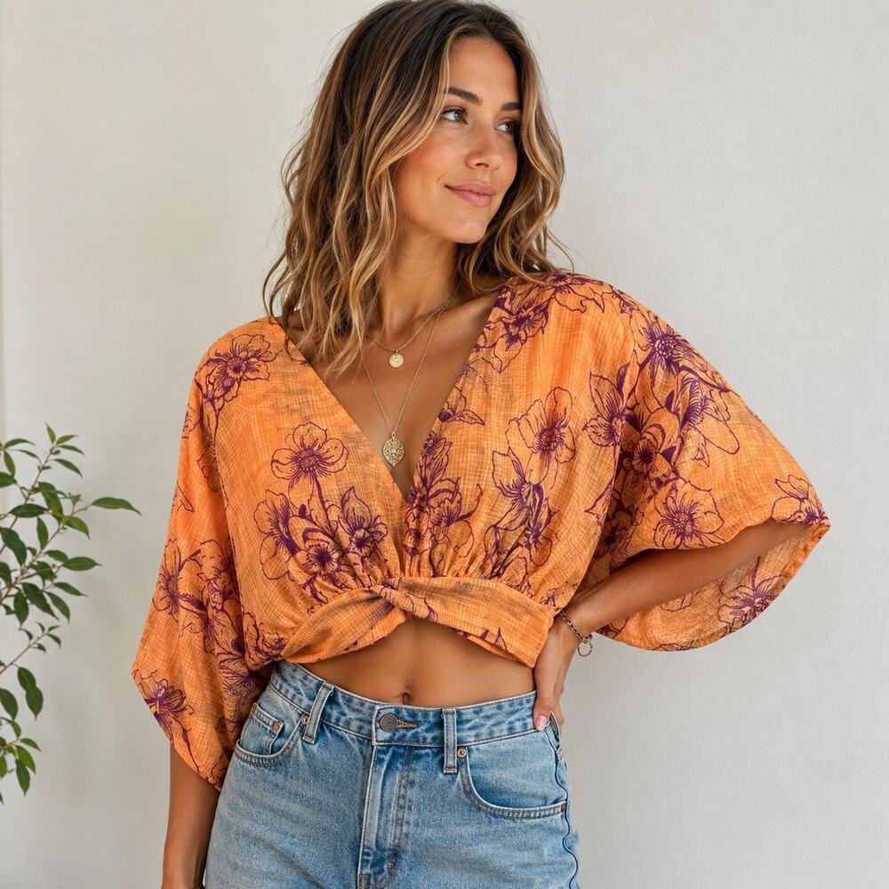 Free People Floral Twist Front Crop Top Orange Boho Batwing sleeve Sz Small